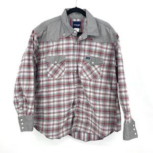 WRANGLER Gray Red Plaid Super Stiff Fabric Work Wear Pearl Snap Shirt Size XXL